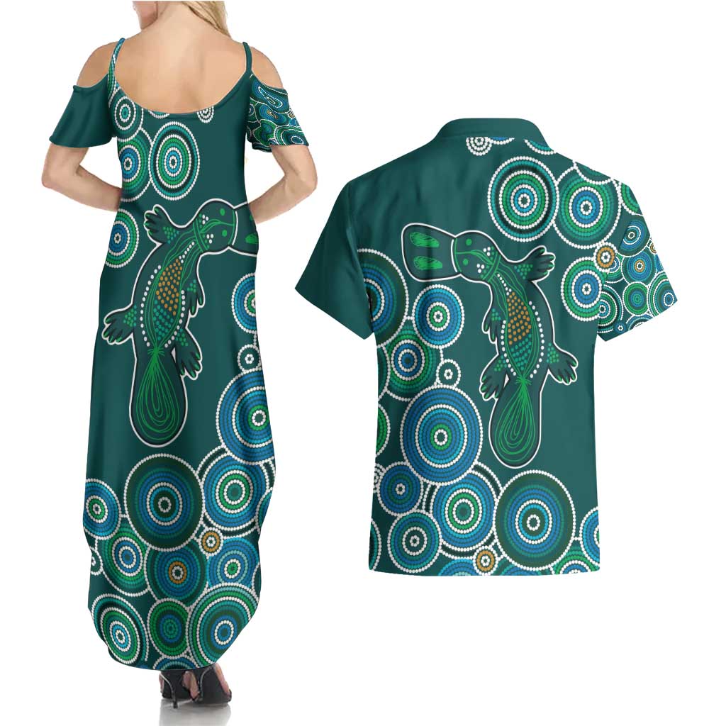 Green Platypus Aboriginal Art Couples Matching Summer Maxi Dress and Hawaiian Shirt