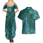 Green Platypus Aboriginal Art Couples Matching Summer Maxi Dress and Hawaiian Shirt