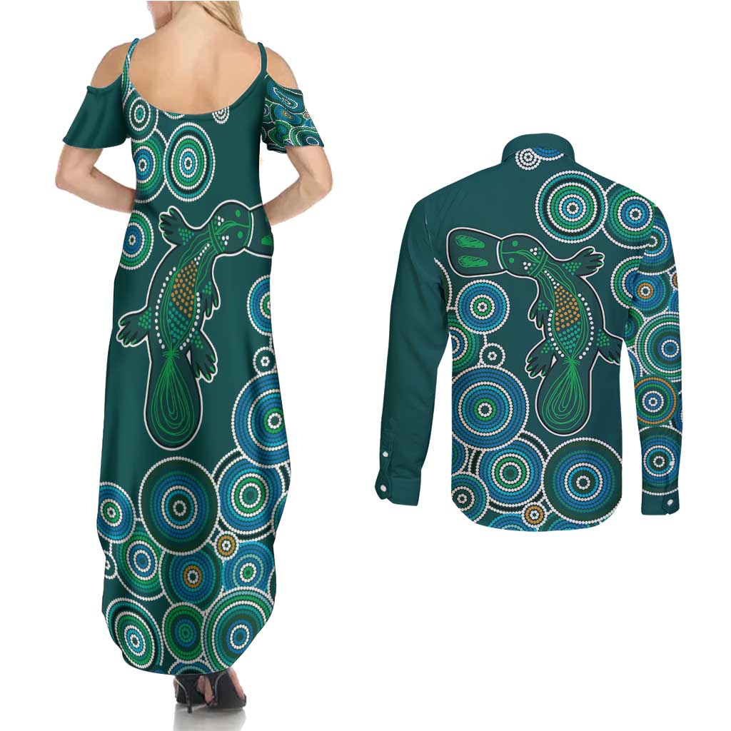Green Platypus Aboriginal Art Couples Matching Summer Maxi Dress and Long Sleeve Button Shirt