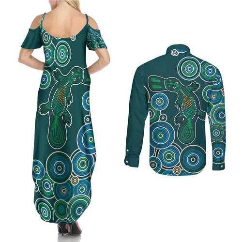 Green Platypus Aboriginal Art Couples Matching Summer Maxi Dress and Long Sleeve Button Shirt