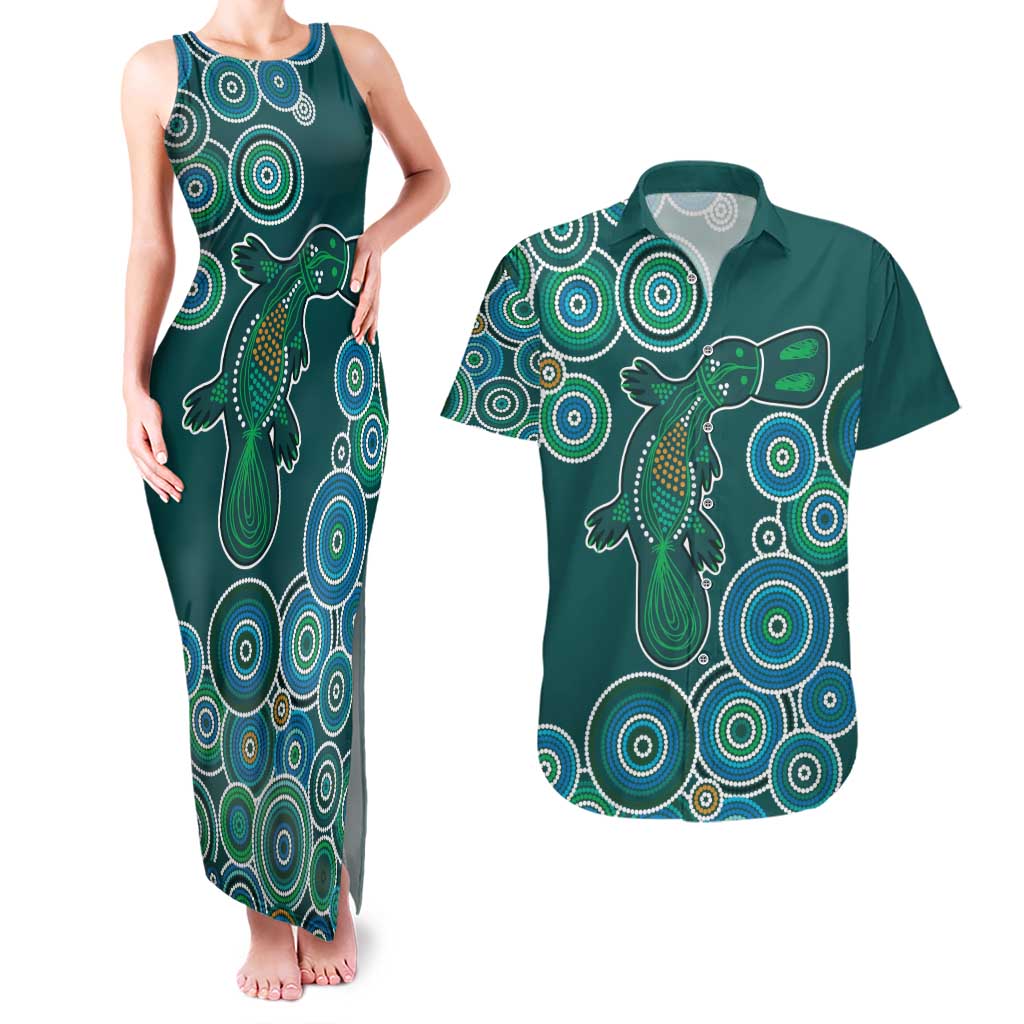 Green Platypus Aboriginal Art Couples Matching Tank Maxi Dress and Hawaiian Shirt
