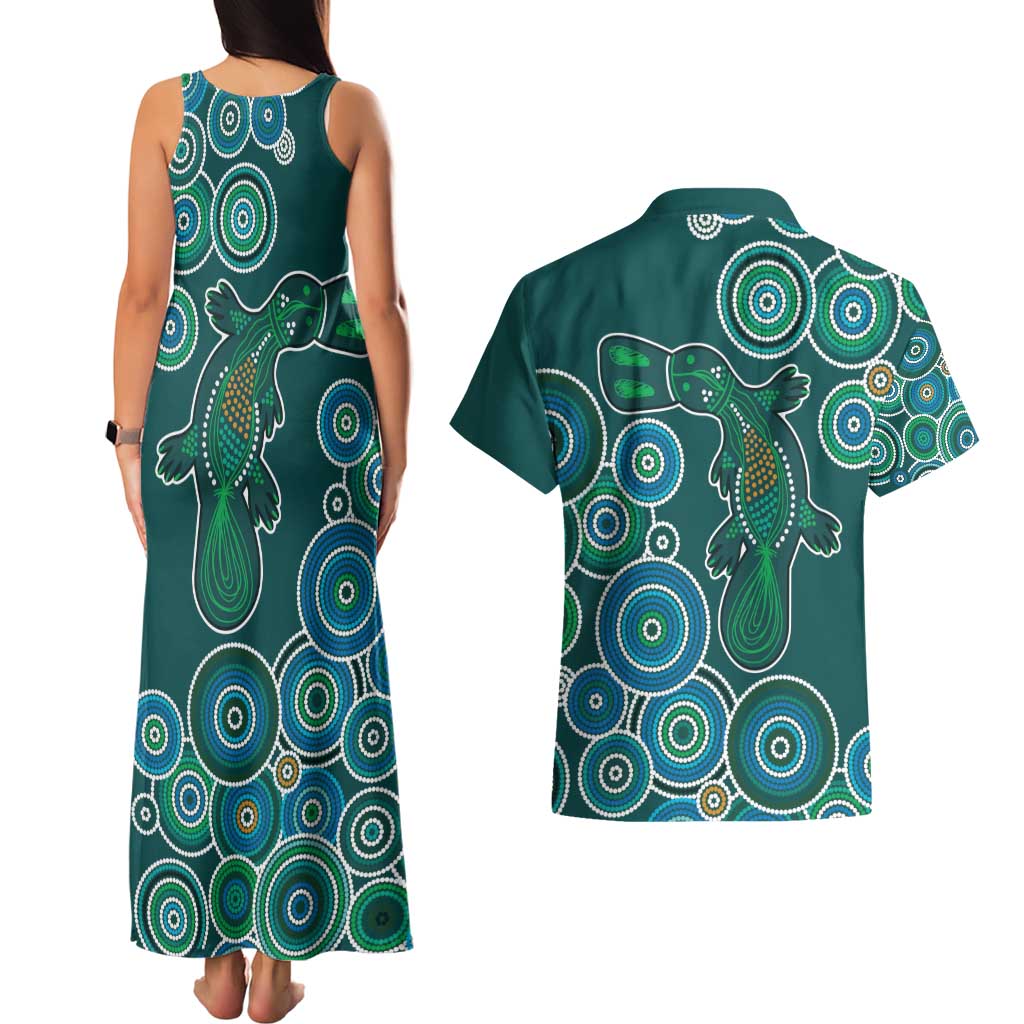Green Platypus Aboriginal Art Couples Matching Tank Maxi Dress and Hawaiian Shirt