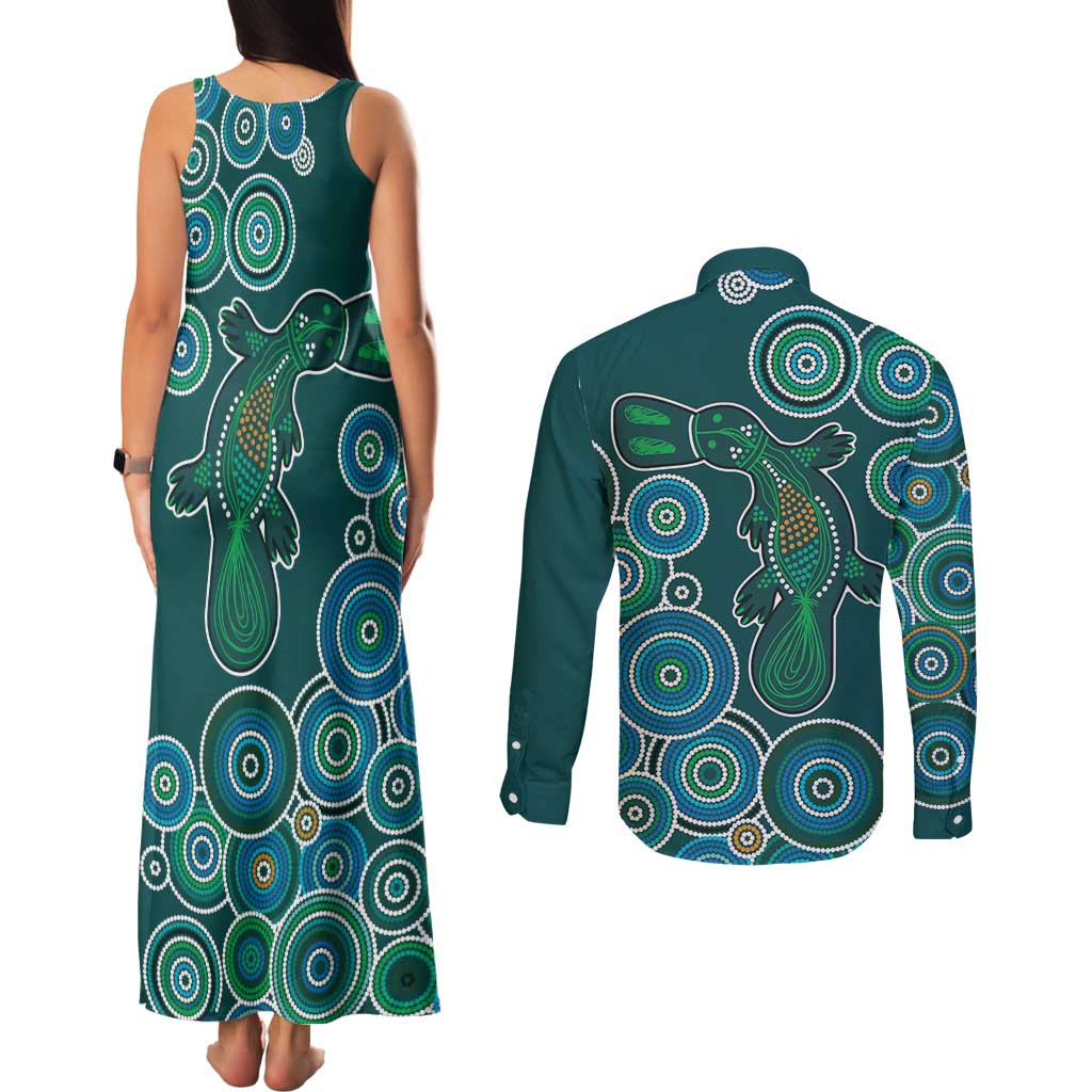 Green Platypus Aboriginal Art Couples Matching Tank Maxi Dress and Long Sleeve Button Shirt