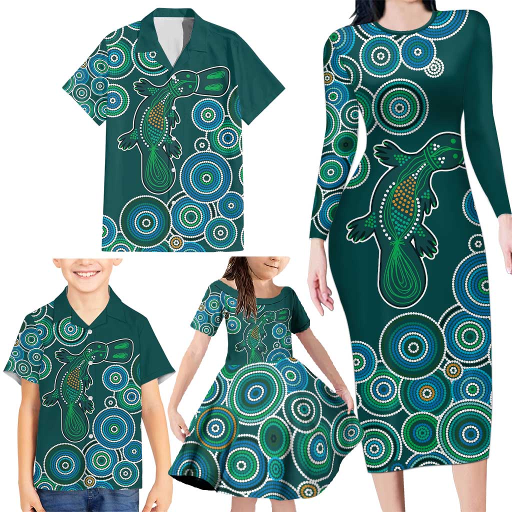 Green Platypus Aboriginal Art Family Matching Long Sleeve Bodycon Dress and Hawaiian Shirt
