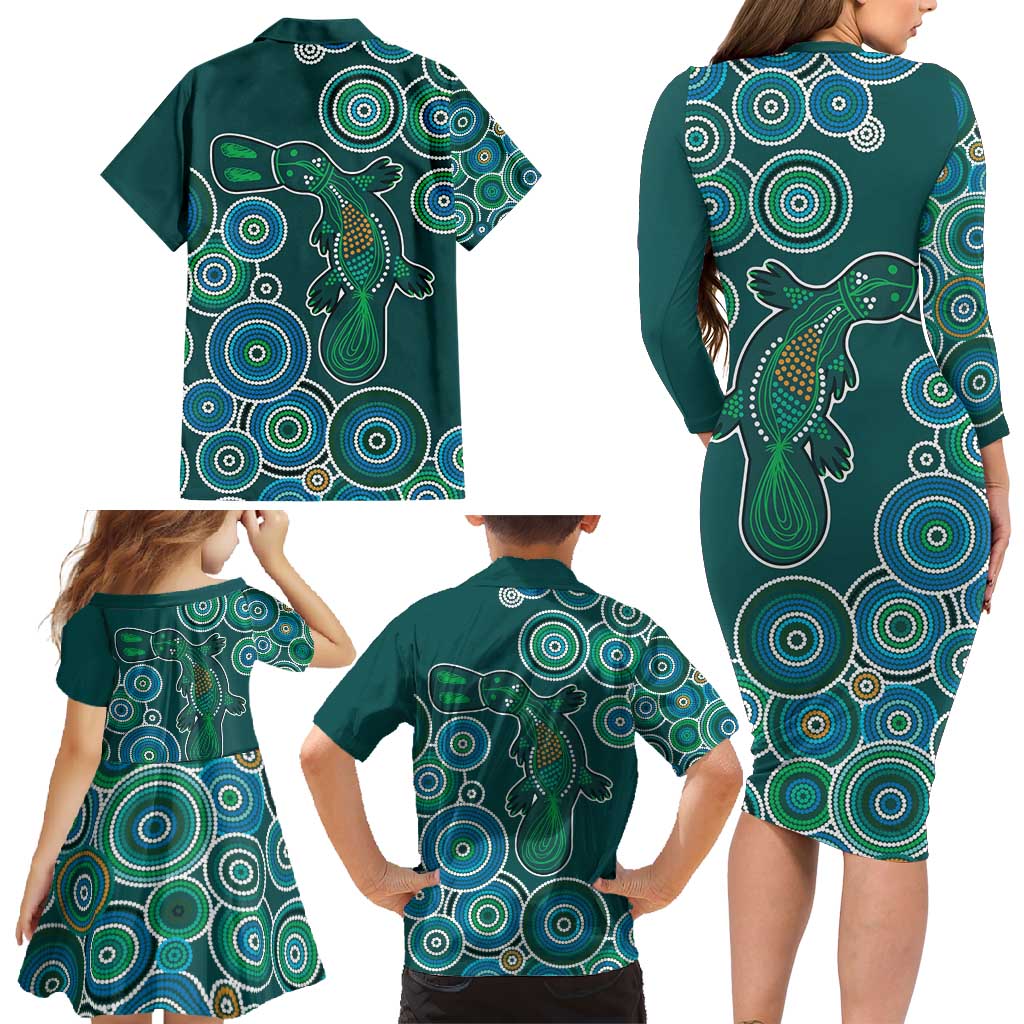 Green Platypus Aboriginal Art Family Matching Long Sleeve Bodycon Dress and Hawaiian Shirt
