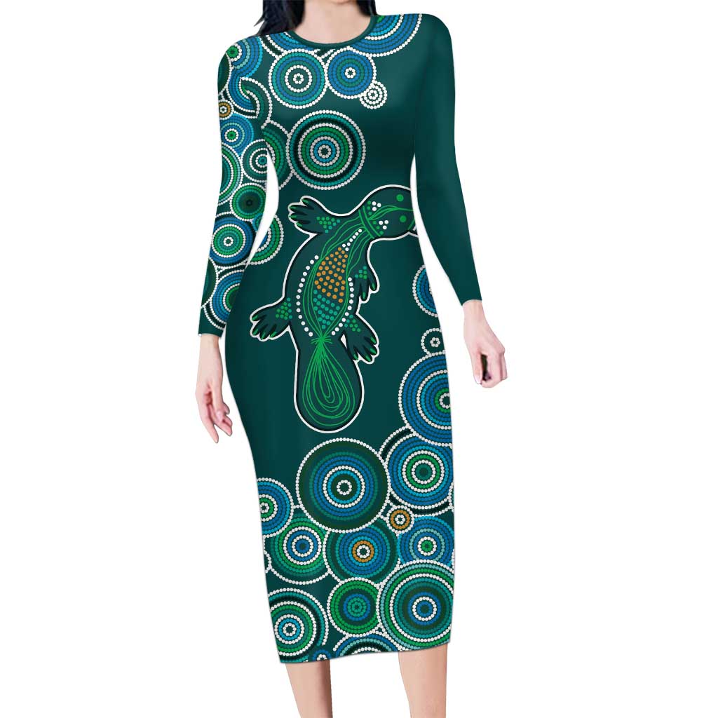 Green Platypus Aboriginal Art Family Matching Long Sleeve Bodycon Dress and Hawaiian Shirt