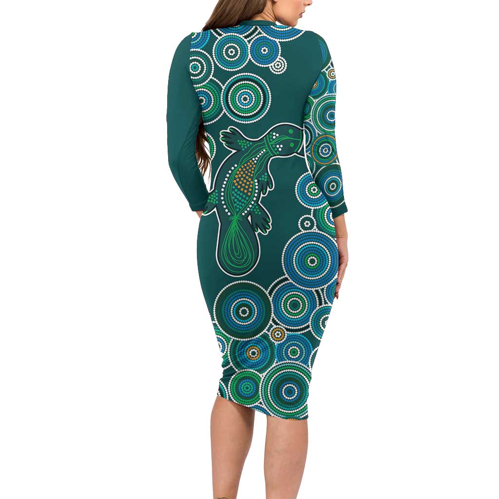 Green Platypus Aboriginal Art Family Matching Long Sleeve Bodycon Dress and Hawaiian Shirt
