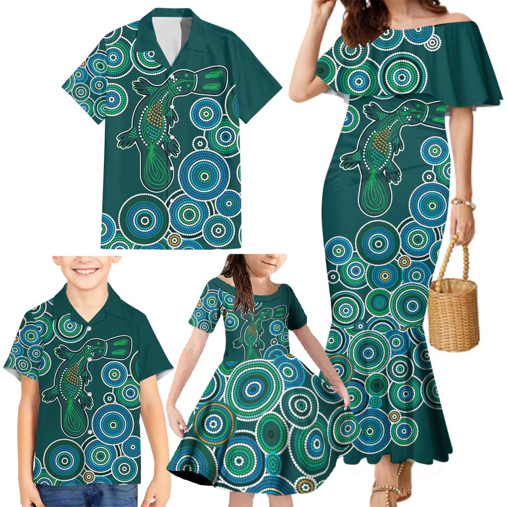 Green Platypus Aboriginal Art Family Matching Mermaid Dress and Hawaiian Shirt
