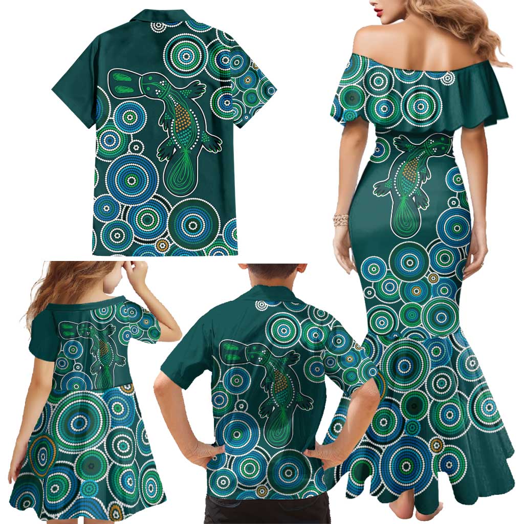 Green Platypus Aboriginal Art Family Matching Mermaid Dress and Hawaiian Shirt