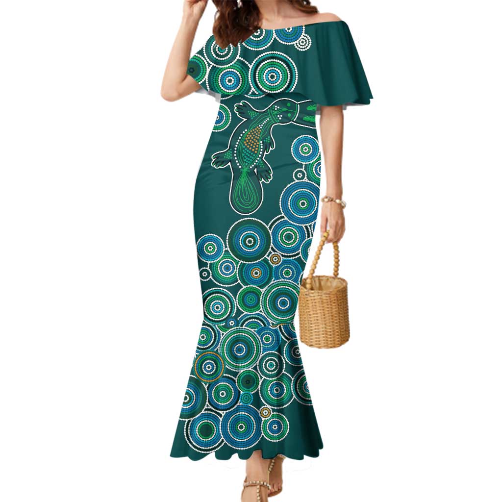 Green Platypus Aboriginal Art Family Matching Mermaid Dress and Hawaiian Shirt