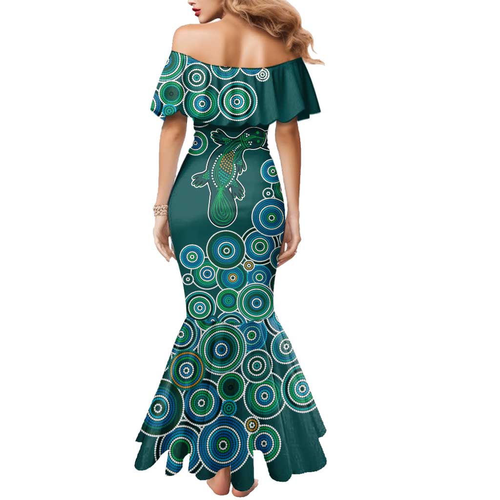 Green Platypus Aboriginal Art Family Matching Mermaid Dress and Hawaiian Shirt
