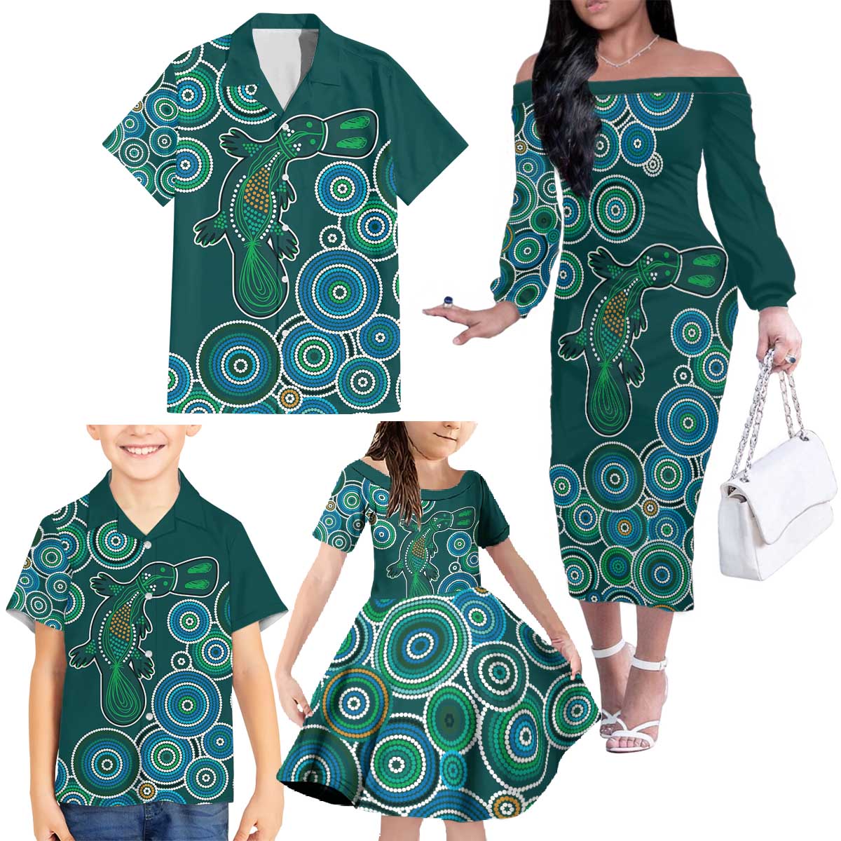Green Platypus Aboriginal Art Family Matching Off The Shoulder Long Sleeve Dress and Hawaiian Shirt