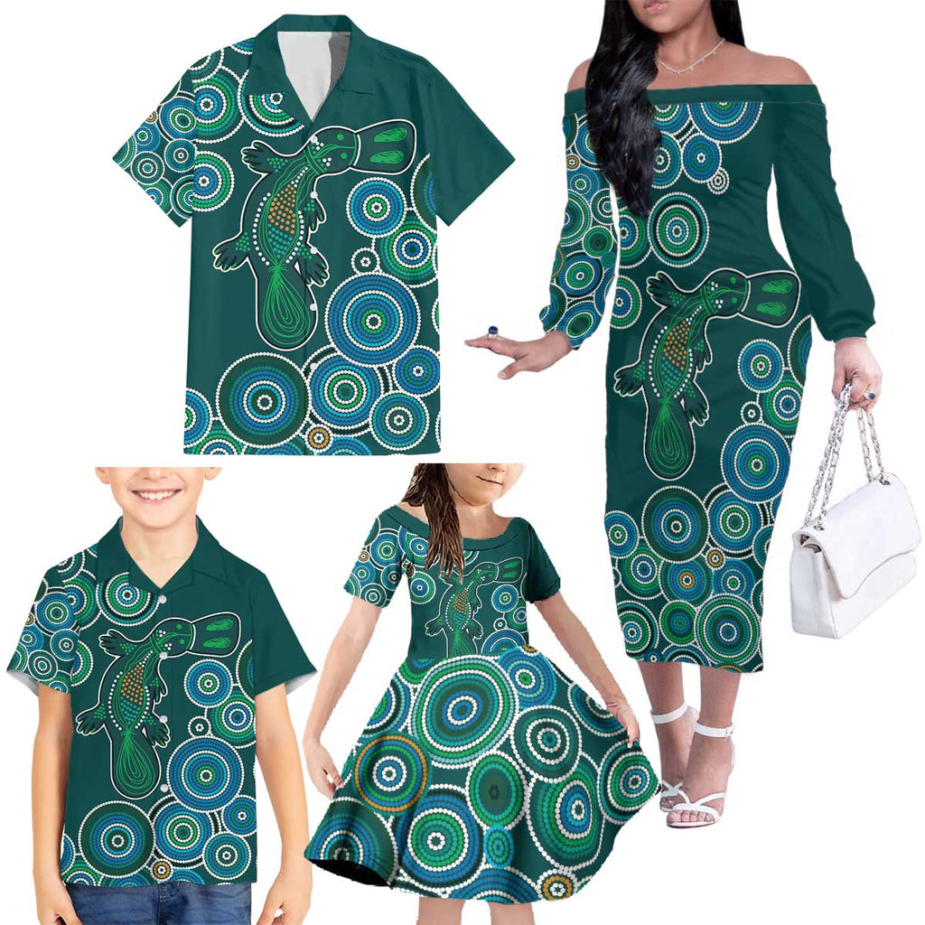 Green Platypus Aboriginal Art Family Matching Off The Shoulder Long Sleeve Dress and Hawaiian Shirt