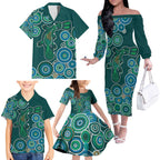 Green Platypus Aboriginal Art Family Matching Off The Shoulder Long Sleeve Dress and Hawaiian Shirt