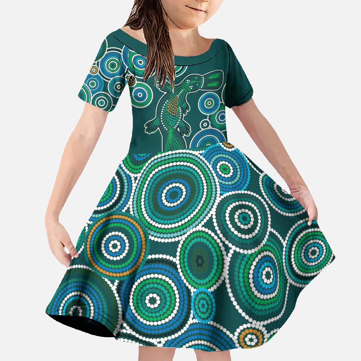Green Platypus Aboriginal Art Family Matching Off The Shoulder Long Sleeve Dress and Hawaiian Shirt