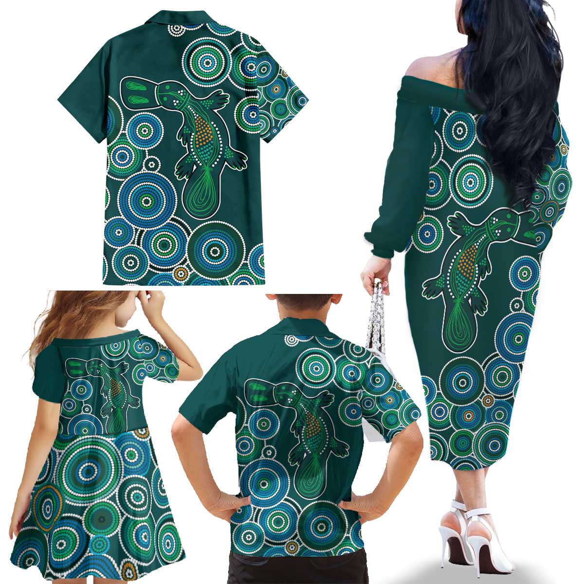 Green Platypus Aboriginal Art Family Matching Off The Shoulder Long Sleeve Dress and Hawaiian Shirt