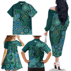 Green Platypus Aboriginal Art Family Matching Off The Shoulder Long Sleeve Dress and Hawaiian Shirt