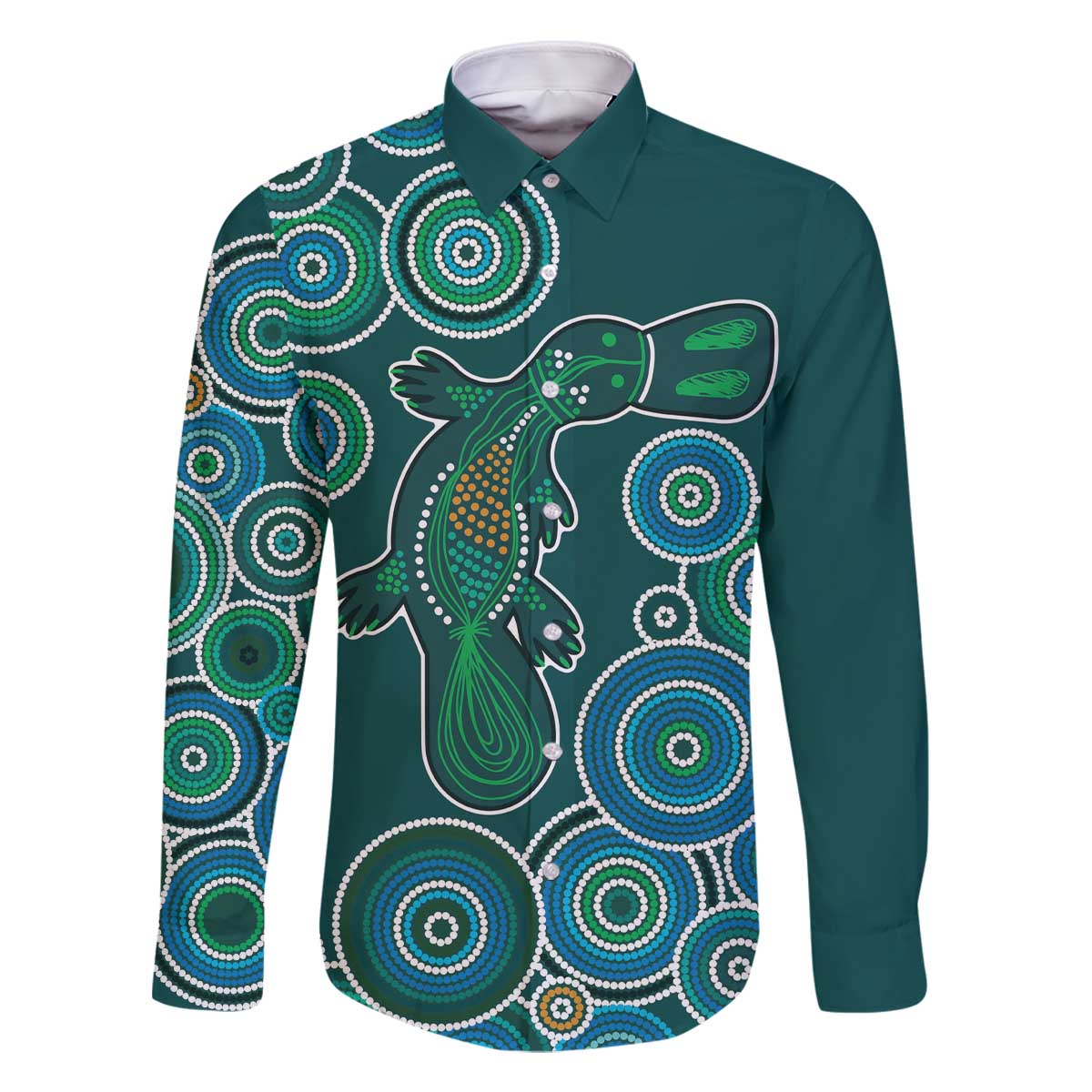 Green Platypus Aboriginal Art Family Matching Off The Shoulder Long Sleeve Dress and Hawaiian Shirt
