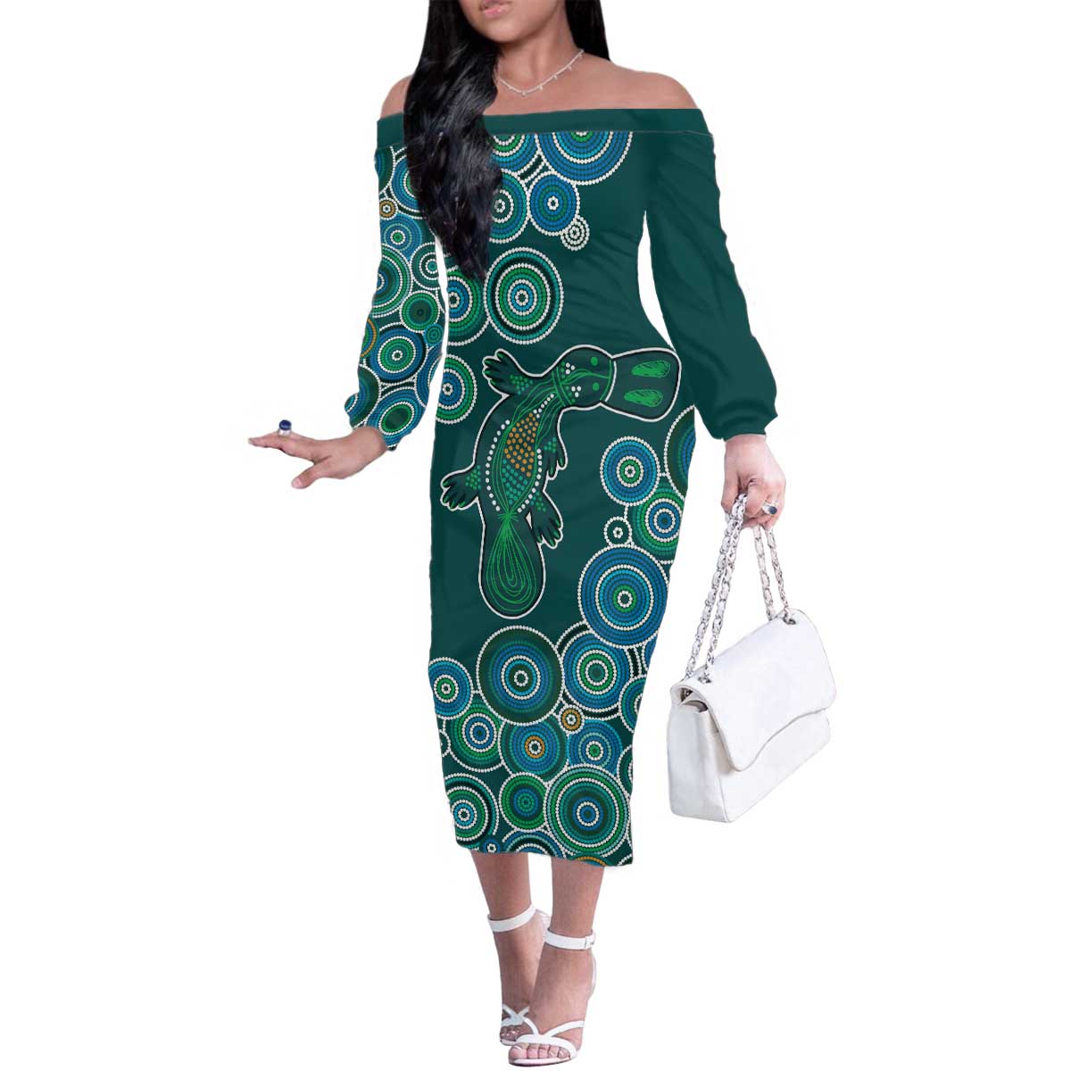 Green Platypus Aboriginal Art Family Matching Off The Shoulder Long Sleeve Dress and Hawaiian Shirt