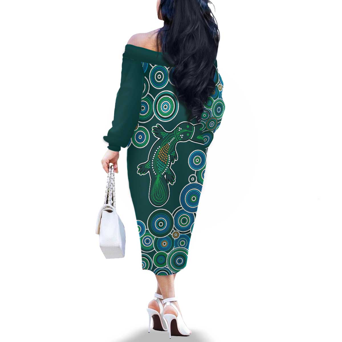Green Platypus Aboriginal Art Family Matching Off The Shoulder Long Sleeve Dress and Hawaiian Shirt
