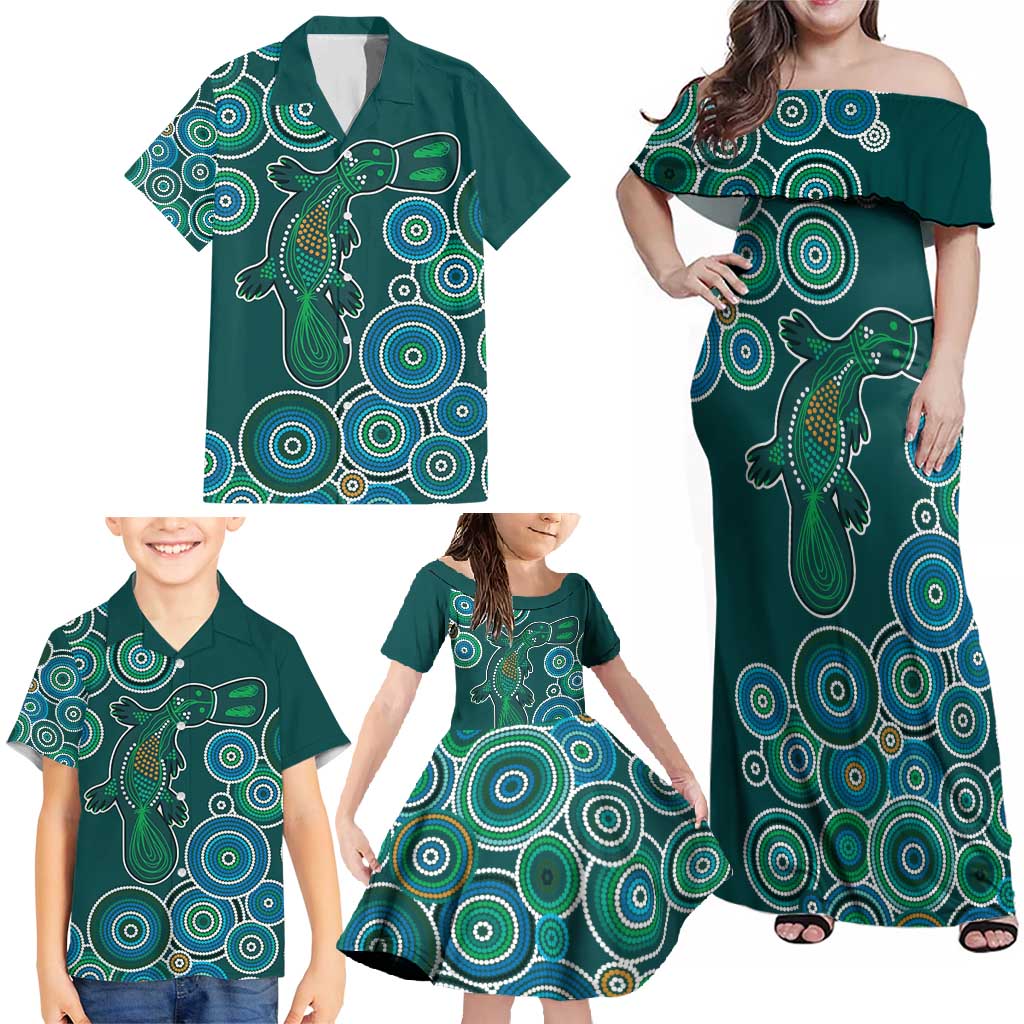 Green Platypus Aboriginal Art Family Matching Off Shoulder Maxi Dress and Hawaiian Shirt