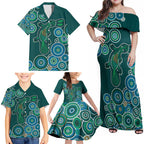 Green Platypus Aboriginal Art Family Matching Off Shoulder Maxi Dress and Hawaiian Shirt