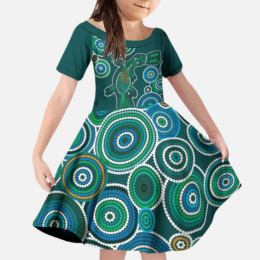 Green Platypus Aboriginal Art Family Matching Off Shoulder Maxi Dress and Hawaiian Shirt