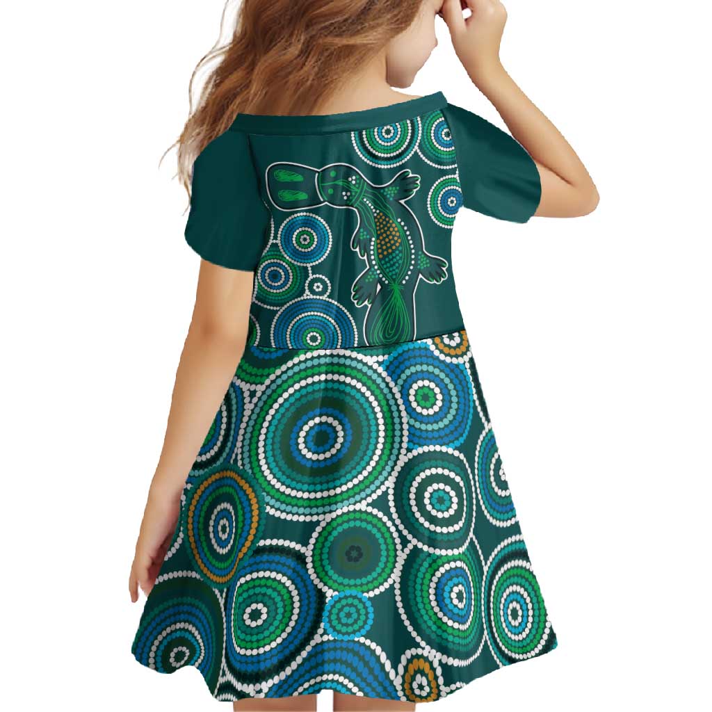 Green Platypus Aboriginal Art Family Matching Off Shoulder Maxi Dress and Hawaiian Shirt