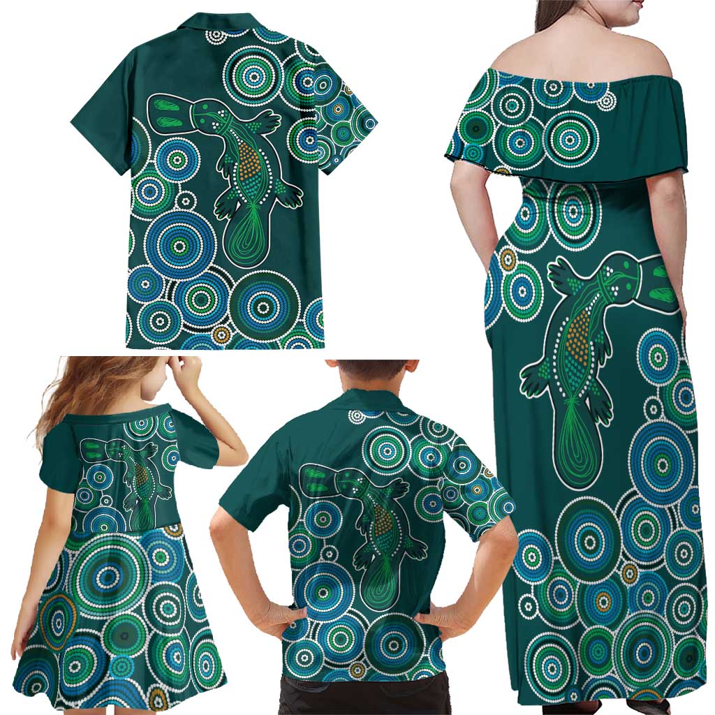 Green Platypus Aboriginal Art Family Matching Off Shoulder Maxi Dress and Hawaiian Shirt