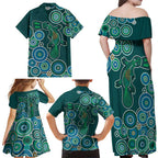 Green Platypus Aboriginal Art Family Matching Off Shoulder Maxi Dress and Hawaiian Shirt