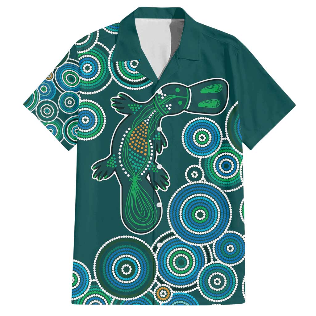 Green Platypus Aboriginal Art Family Matching Off Shoulder Maxi Dress and Hawaiian Shirt