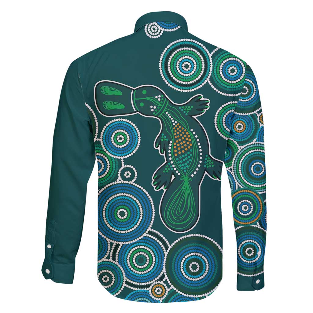 Green Platypus Aboriginal Art Family Matching Off Shoulder Maxi Dress and Hawaiian Shirt