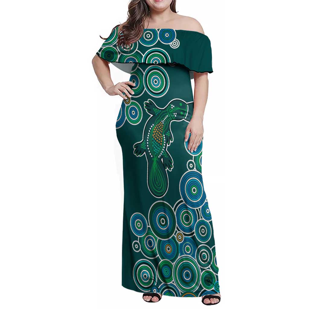 Green Platypus Aboriginal Art Family Matching Off Shoulder Maxi Dress and Hawaiian Shirt