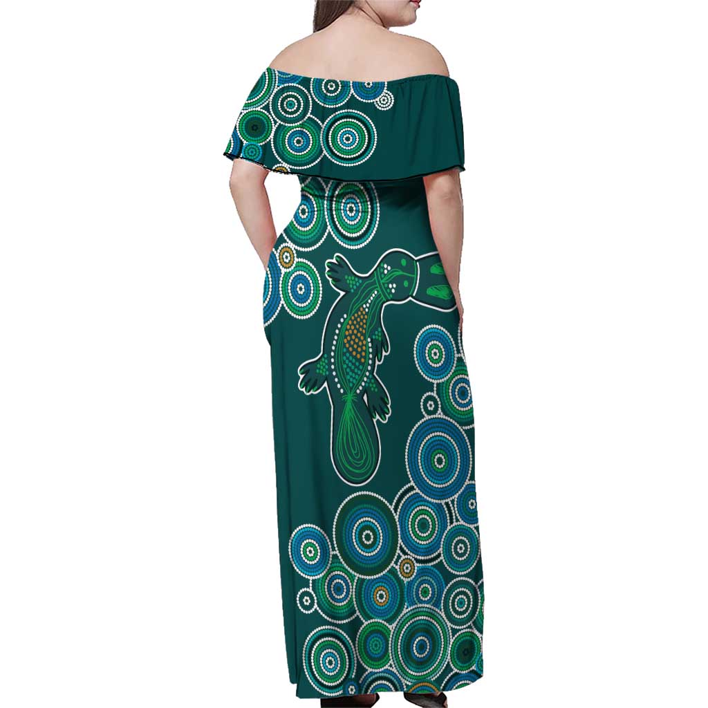 Green Platypus Aboriginal Art Family Matching Off Shoulder Maxi Dress and Hawaiian Shirt