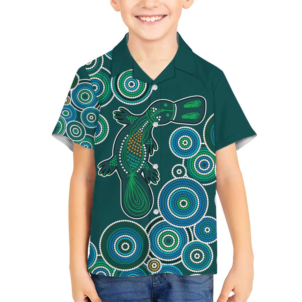 Green Platypus Aboriginal Art Family Matching Off Shoulder Maxi Dress and Hawaiian Shirt