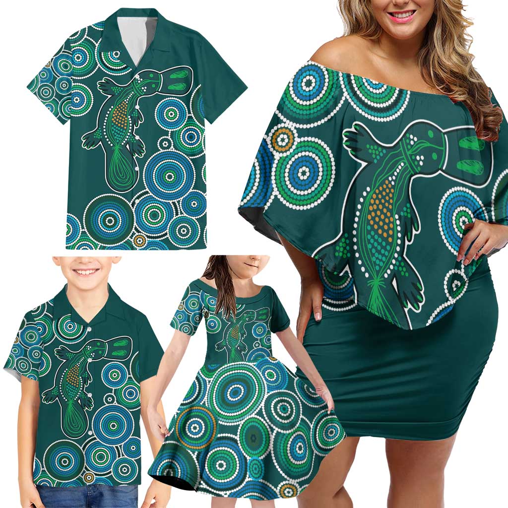 Green Platypus Aboriginal Art Family Matching Off Shoulder Short Dress and Hawaiian Shirt