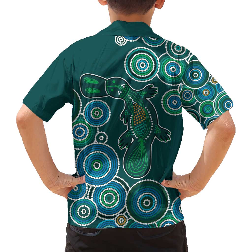 Green Platypus Aboriginal Art Family Matching Off Shoulder Short Dress and Hawaiian Shirt