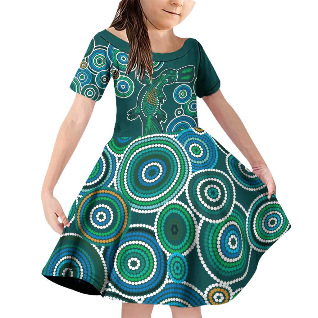 Green Platypus Aboriginal Art Family Matching Off Shoulder Short Dress and Hawaiian Shirt