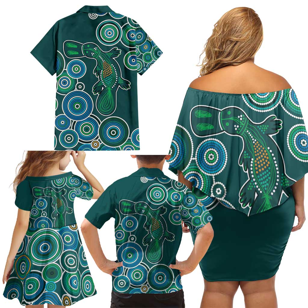 Green Platypus Aboriginal Art Family Matching Off Shoulder Short Dress and Hawaiian Shirt