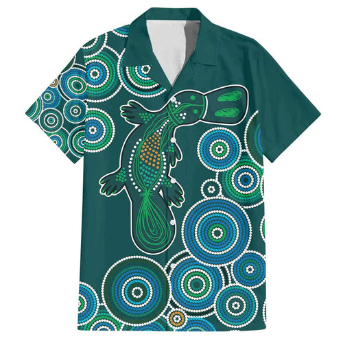 Green Platypus Aboriginal Art Family Matching Off Shoulder Short Dress and Hawaiian Shirt