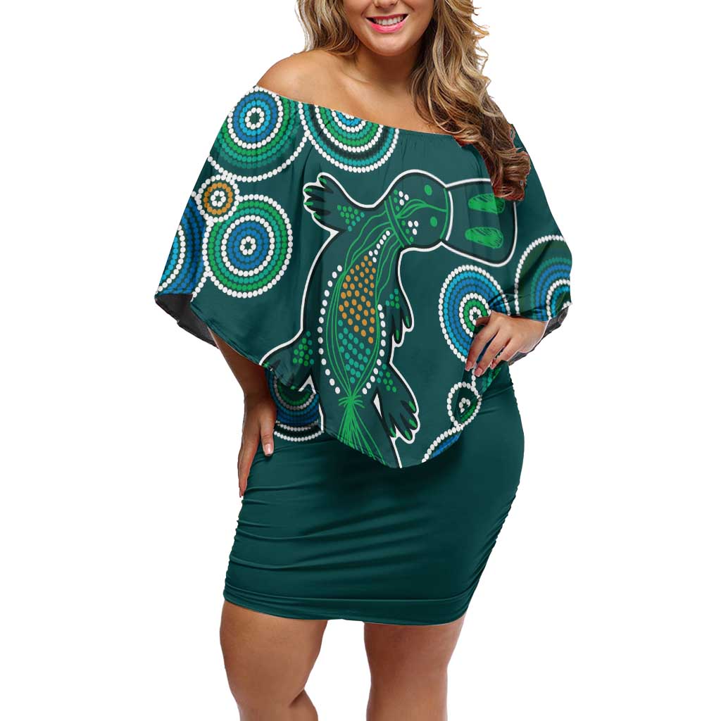 Green Platypus Aboriginal Art Family Matching Off Shoulder Short Dress and Hawaiian Shirt