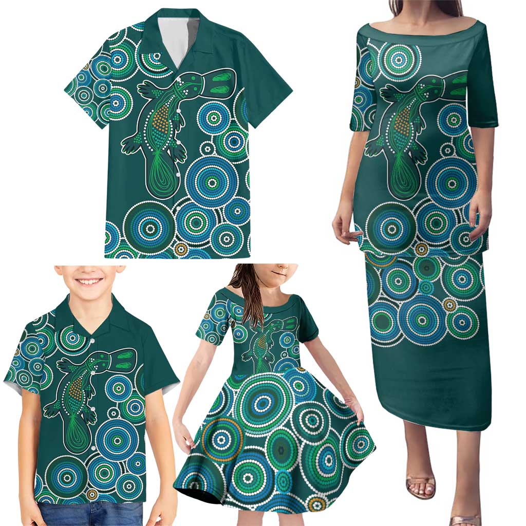 Green Platypus Aboriginal Art Family Matching Puletasi and Hawaiian Shirt