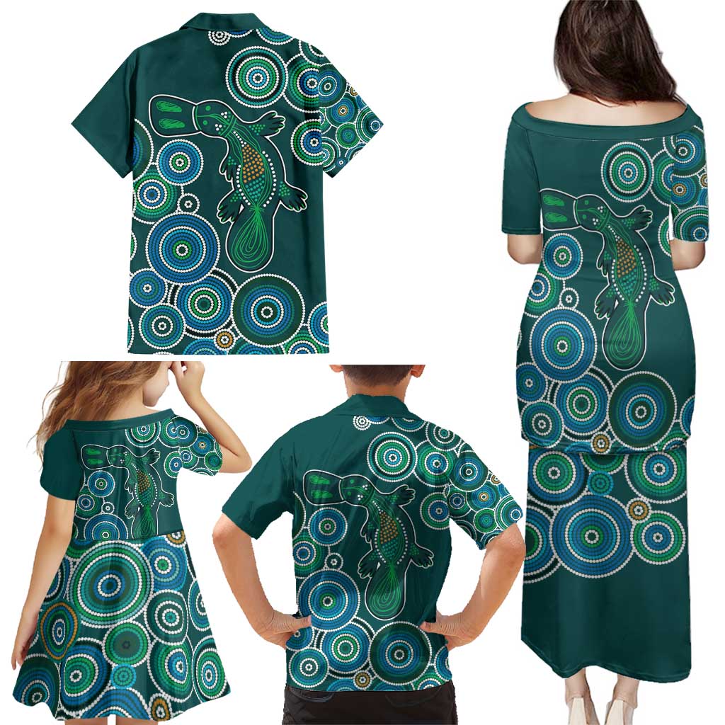 Green Platypus Aboriginal Art Family Matching Puletasi and Hawaiian Shirt