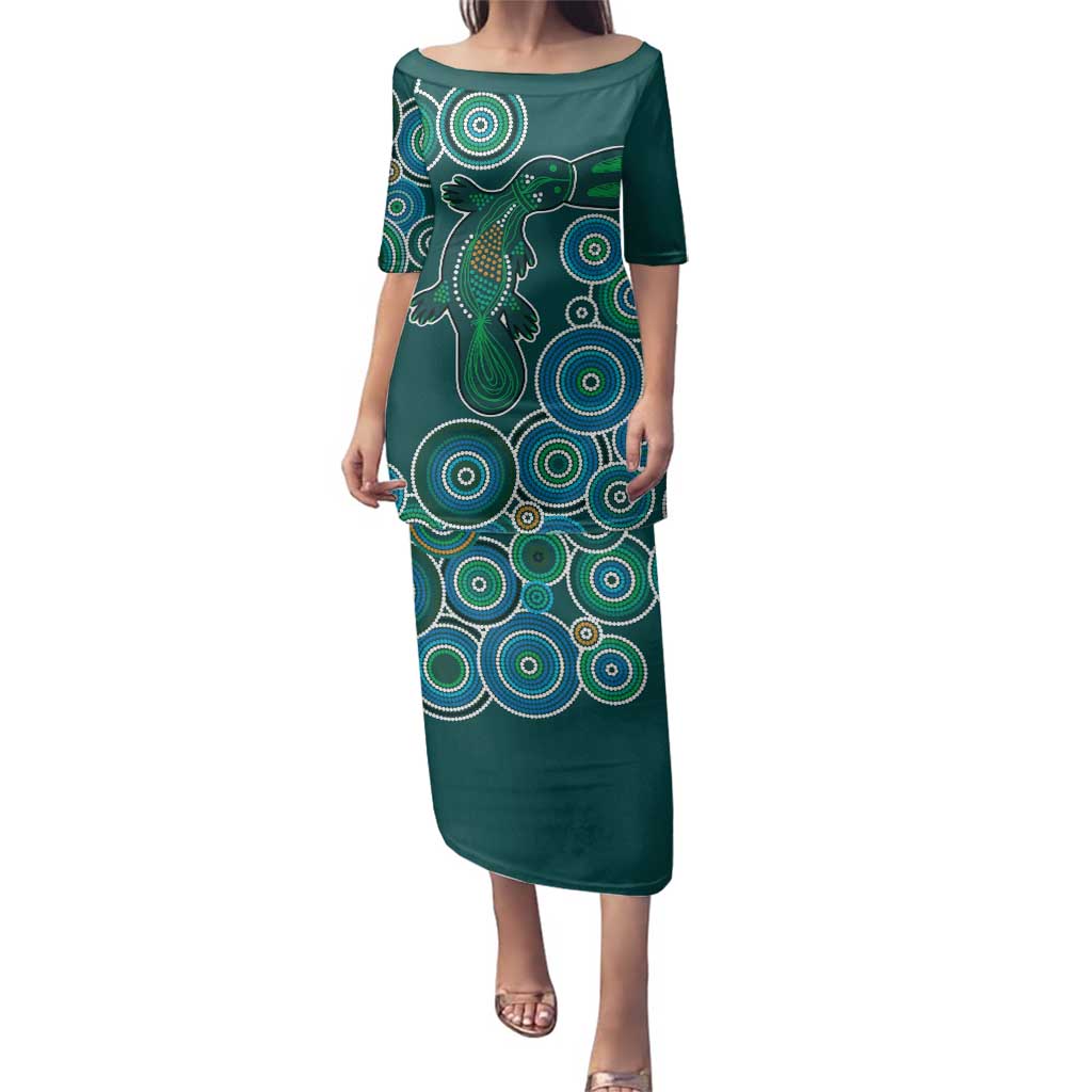 Green Platypus Aboriginal Art Family Matching Puletasi and Hawaiian Shirt