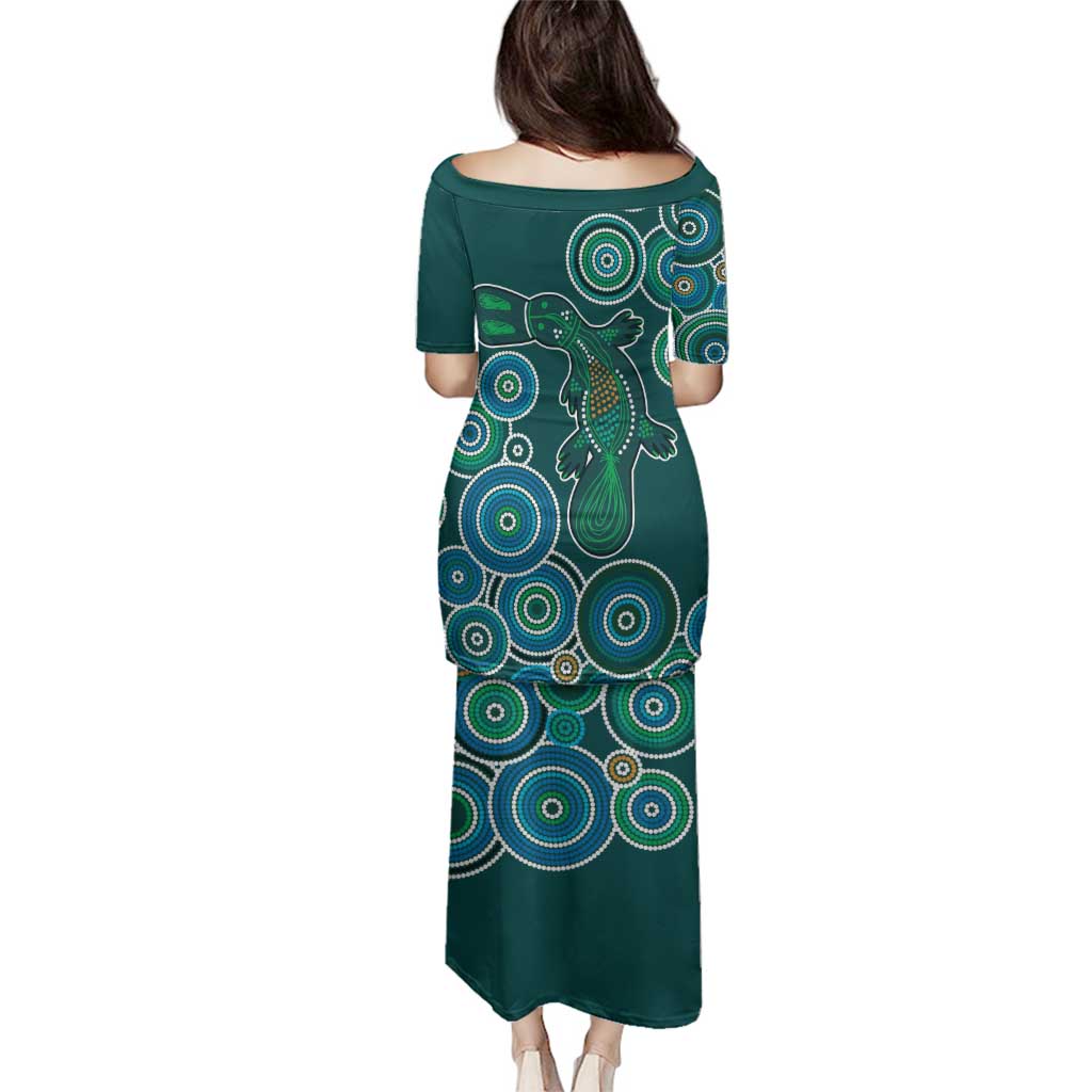 Green Platypus Aboriginal Art Family Matching Puletasi and Hawaiian Shirt