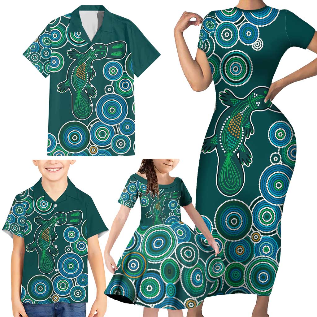 Green Platypus Aboriginal Art Family Matching Short Sleeve Bodycon Dress and Hawaiian Shirt