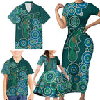 Green Platypus Aboriginal Art Family Matching Short Sleeve Bodycon Dress and Hawaiian Shirt