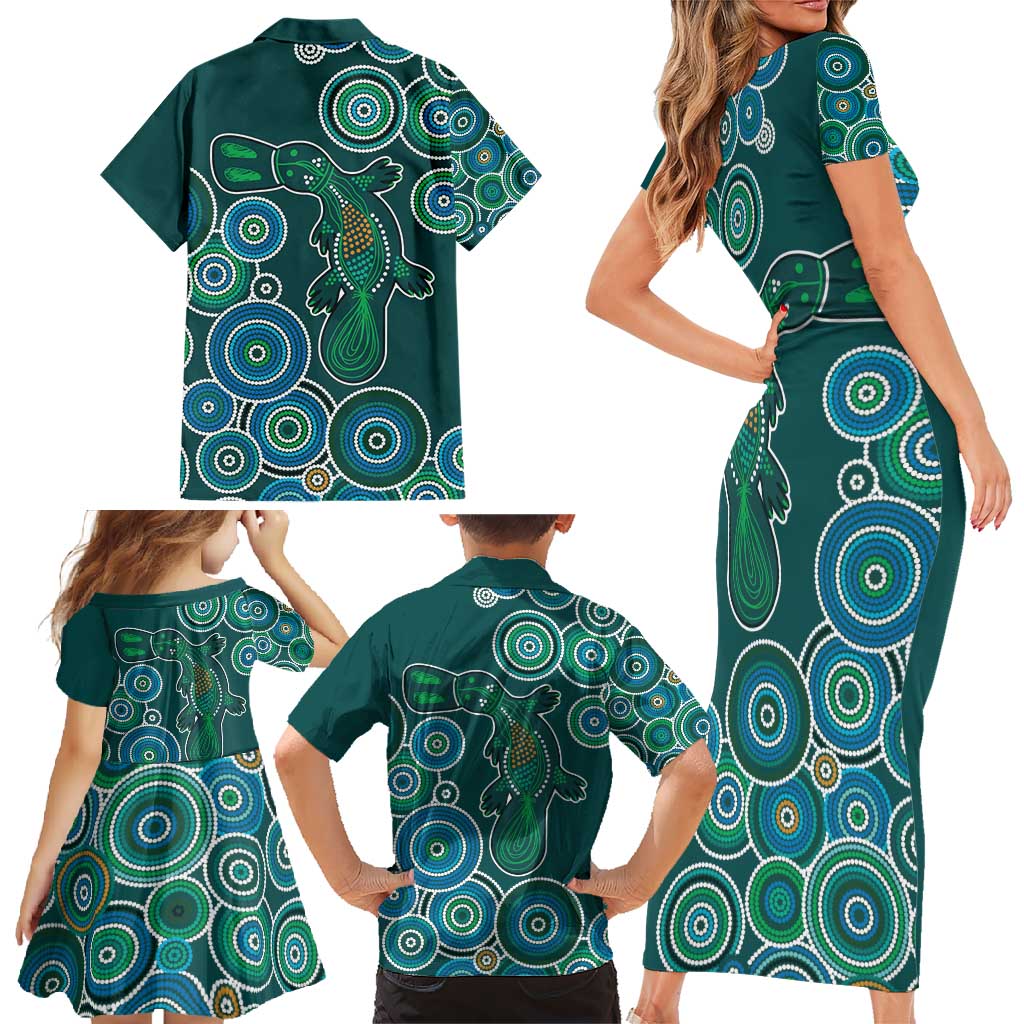 Green Platypus Aboriginal Art Family Matching Short Sleeve Bodycon Dress and Hawaiian Shirt