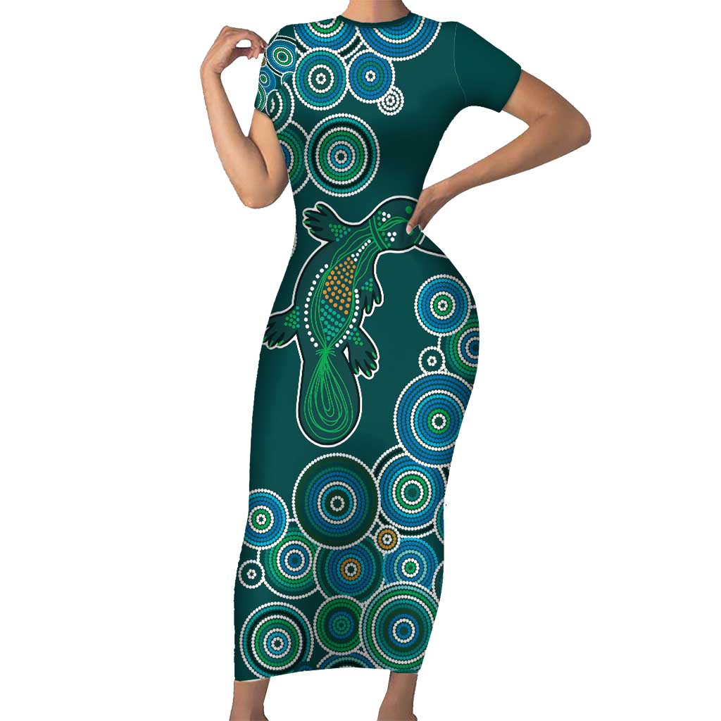 Green Platypus Aboriginal Art Family Matching Short Sleeve Bodycon Dress and Hawaiian Shirt