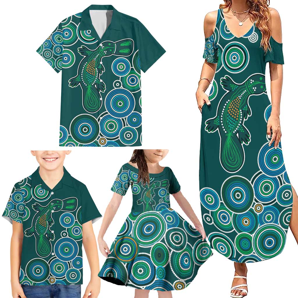 Green Platypus Aboriginal Art Family Matching Summer Maxi Dress and Hawaiian Shirt